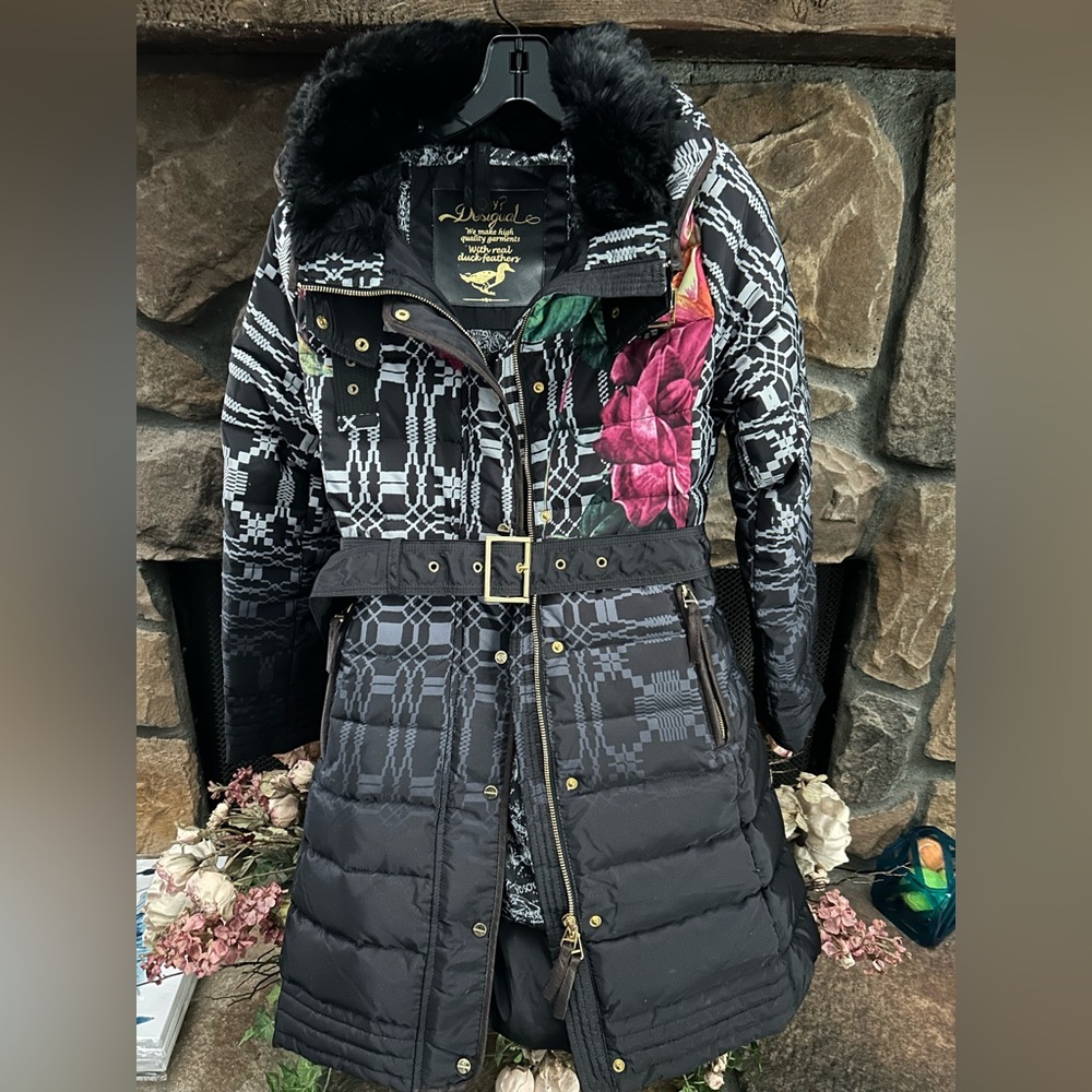 Desigual Down/Feather Filled Puffer Jacket Coat Multicolored EU 40 Small